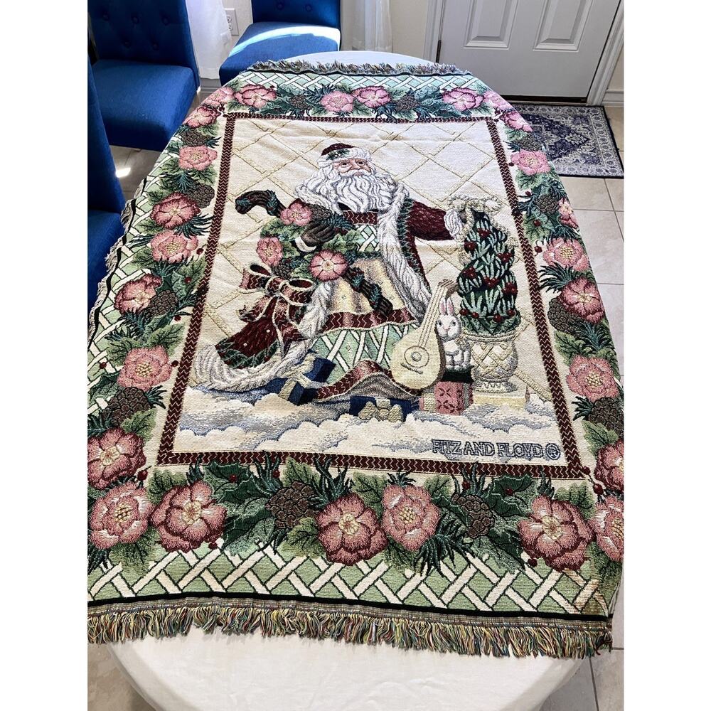 VTG Fitz And Floyd Santa Throw Woven Cotton Fringed Reverse Weave 67” x 52”